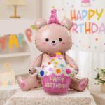 Balon Folie Ursulet Roz cu Tort ,,Happy Birthday,, 80x57 - imagine 2