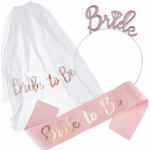 Set 3 piese Voal mireasa„Bride to be,,/cordeluta„Bride si Panglica„Bride to be„ roz auriu