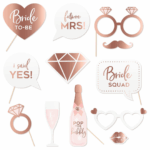 Set 12 accesorii petrecere masti si mesaje „Bride to be„ roz auriu