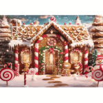 Banner Background decorativ Crăciun „Căsuța din turtă dulce” – 120 x 70 cm, material textil
