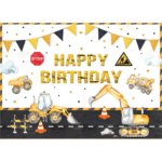 Banner Background aniversar „Happy Birthday” tematică șantier și utilaje – 120 x 70 cm, material textil