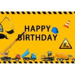 Banner Background aniversar „Happy Birthday” tematică utilaje construcții – 120 x 70 cm, material textil