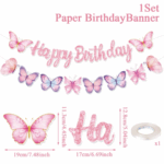 Banner aniversar „Happy Birthday” cu fluturi roz