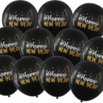 Set 10 Baloane Latex „Happy New Year” – 30 cm – Negre cu imprimeu auriu - imagine 2