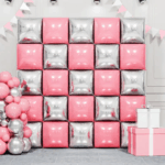 Perdea - Panou de petrecere cu baloane, 4 buc., 47×47 cm – Roz & Argintiu - imagine 2