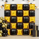 Perdea - Panou de petrecere cu baloane, 4 buc., 47×47 cm – Auriu & Negru