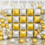 Perdea - Panou de petrecere cu baloane, 4 buc., 47×47 cm – Auriu & Argintiu