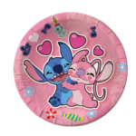 Set 10 farfurii carton, unica folosinta, Ø 23cm, Stitch & Angel (roz), Petrecere Copii