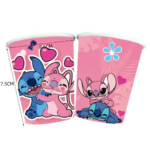 Set 10 pahare carton, unica folosinta, 260 ml , Stitch & Angel (roz)