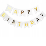 Banner Happy Birthday – Alb cu Litere Aurii – 180 cm