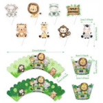 Topper tort si Ambalaj pentru briose cu animale Safari, set 16 bucati