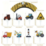 Topper tort si Ambalaj pentru briose cu Utilaje de Constructii, set 16 bucati