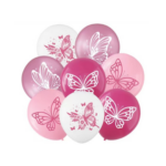 Set 8 Baloane Latex Nuante de Roz si Alb 30cm, cu Imprimeu Fluturi