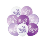 Set 8 Baloane Latex Nuante de Mov si Alb 30cm, cu Imprimeu Fluturasi