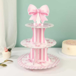 Suport pentru Briose si Cupcakes Fundita Roz, 3 Niveluri