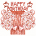Set decoratiuni petrecere Happy Birthday Rose Gold cu baloane si perdea metalizata – 27 piese