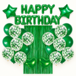 Set decoratiuni aniversare Happy Birthday Verde cu baloane si perdea metalizata – 27 piese