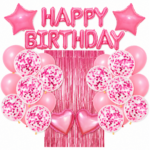 Set decoratiuni aniversare Happy Birthday Roz cu baloane si perdea metalizata – 27 piese