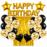 Set decoratiuni aniversare Happy Birthday Negru-Auriu cu baloane si perdea metalizata – 27 piese