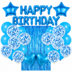 Set decoratiuni aniversare Happy Birthday Albastru cu baloane si perdea metalizata – 27 piese