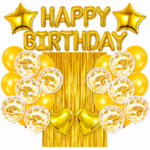 Set decoratiuni aniversare Happy Birthday Auriu cu baloane si perdea metalizata – 27 piese