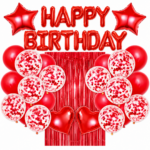 Set decoratiuni aniversare Happy Birthday Rosu cu baloane si perdea metalizata – 27 piese