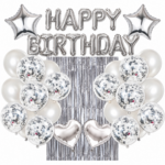 Set decoratiuni aniversare Happy Birthday Argintiu-Alb cu baloane si perdea metalizata – 27 piese