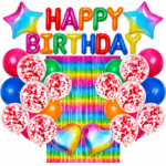 Set decoratiuni aniversare Happy Birthday Multicolor cu baloane si perdea curcubeu – 27 piese