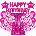 Set decoratiuni aniversare Happy Birthday Fuchsia cu baloane si perdea metalizata – 27 piese