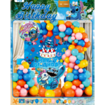 Set decoratiuni aniversare Stitch cu baloane si fundal Happy Birthday – 61 piese