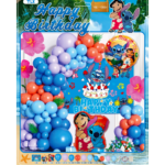 Set decoratiuni aniversare Stitch & Lilo cu baloane si fundal Happy Birthday – 63 piese
