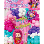Set decoratiuni aniversare Printese, roz-mov, cu baloane si perdea Happy Birthday – 58 piese
