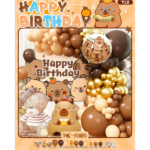 Set decoratiuni aniversare Capybara, maro-bej, cu baloane si fundal Happy Birthday – 63 piese