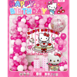 Set decoratiuni aniversare Hello Kitty, roz-alb, cu baloane si fundal Happy Birthday – 64 piese