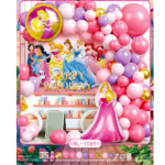 Set decoratiuni aniversare Printesa Aurora – Frumoasa din Padurea Adormita, roz-mov, cu baloane si fundal – 62 piese