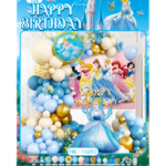 Set decoratiuni aniversare Cenusareasa / Cinderella, bleu-alb-auriu, cu baloane si fundal – 66 piese