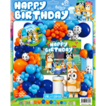 Set decoratiuni aniversare Bluey & Bingo, albastru-portocaliu, cu baloane si fundal – 66 piese