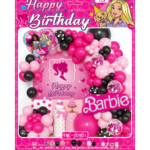 Set decoratiuni aniversare Barbie, roz-negru, cu baloane si fundal Happy Birthday – 56 piese