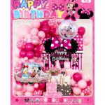 Set decoratiuni aniversare Minnie Mouse, roz-alb, cu baloane si fundal Happy Birthday – 62 piese