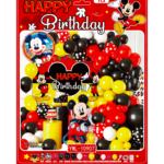 Set decoratiuni aniversare Mickey Mouse, rosu-negru-galben, cu baloane si fundal Happy Birthday – 68 piese