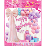Set decoratiuni aniversare Happy Birthday Roz-Mov cu fundita din satin si baloane – 47 piese